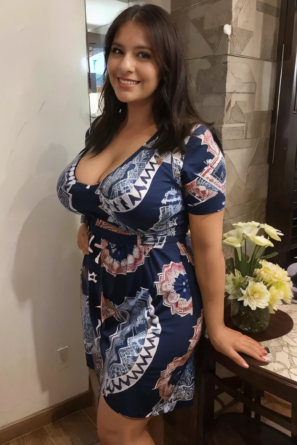 A beautiful and hot almost chubby mature  woman with big butt. who is wearing a patterned navy dress. And there is a big vase standing in Kenna's house. A smiling face. muy sexy, más real que eso, alta resolución