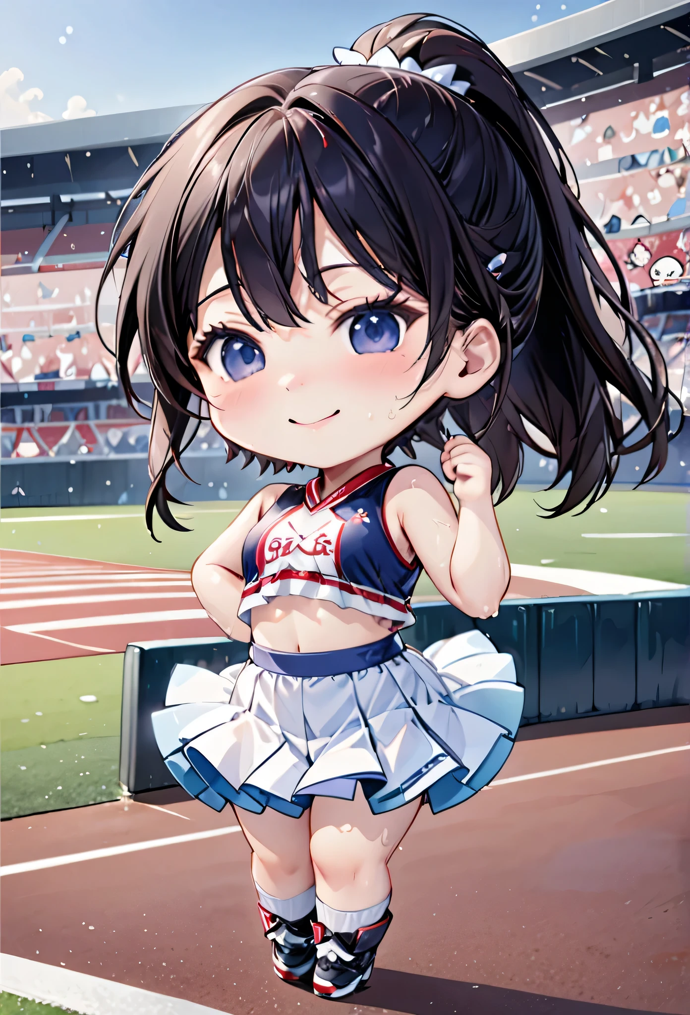 profile, (cheer leading style) (pose Dance and put feet upleg), (beautiful sweaty skin), (holding both hands ponpon), (beautiful detailed curly:1.3) (beautiful black hair long hair) (sexy cute princess girl) (detailed cute red eyes), (beauty smile, glossy lips, medium tits), (in a detailed cute white Cheerleader uniform), break, in the Olympic Venues, background many audience, BREAK, perfect anatomy, masterpiece, best quality, 16k, beautiful detailed love, daydreaming expression