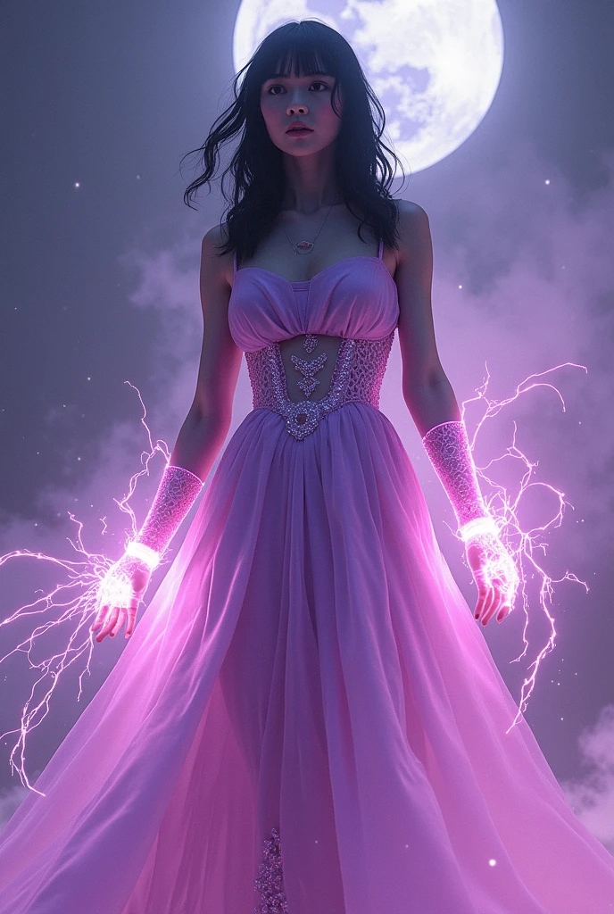 Age 19, sexy, large breast, angelical face, dark magician, magent magic, glowing magent beauty eyes, other two mages on the ground, perfect body, sexy transparent elegant dress, sexual, pleasant orgasm face, sexy lips, sexy sight, sexual winner pose, fall on knees