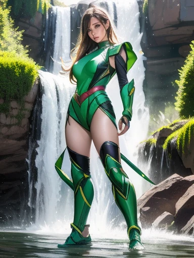 Full Body Shot, Very detailed, The costume colors were inspired by Gundam.、8k, Actual Photos, Impressive lighting, Dynamic action poses, Great energy effect, Green Color Palette, Simple costume design, advanced technology, Heroic and powerful, With a large waterfall in the background、standing。