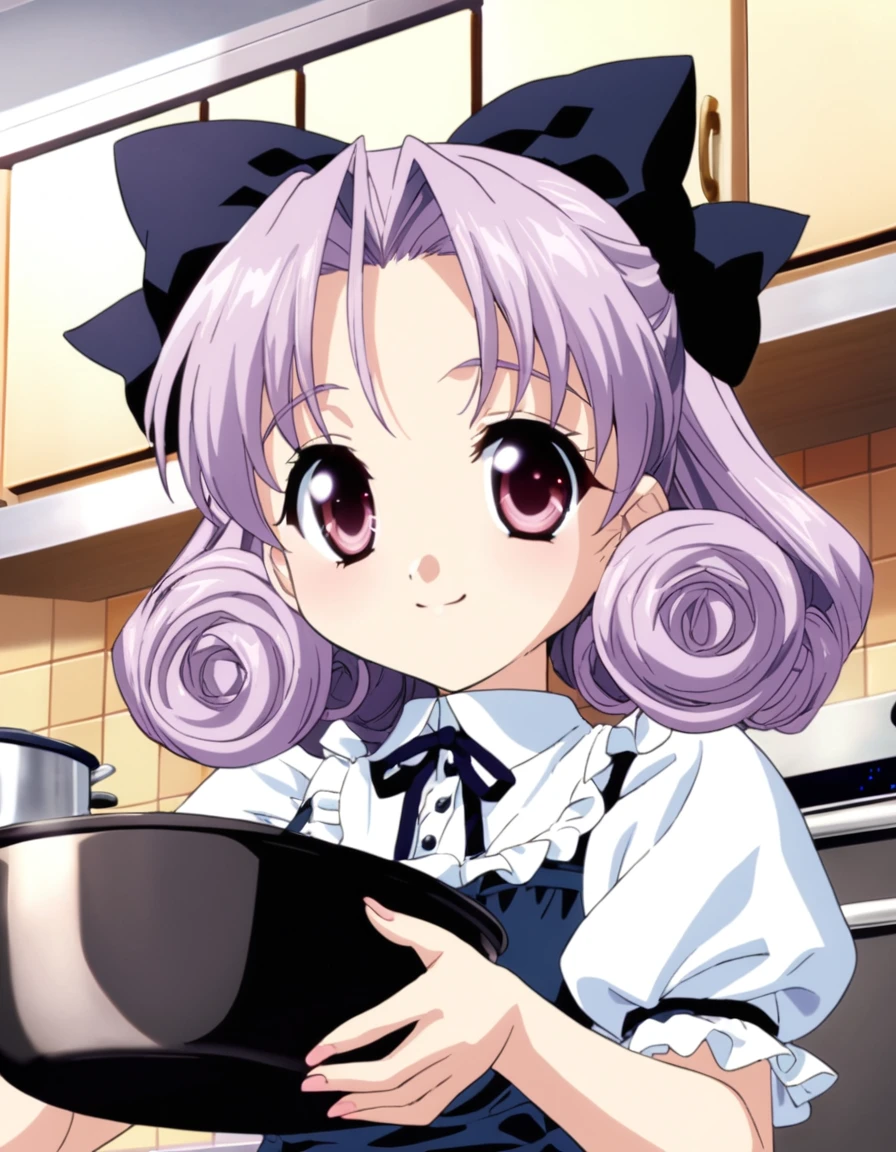 shirayuki, pastel purple hair, curly hair, (hair bow), cute girl, petite, small smile, (close up face), frilly maid dress, apron dress, (cooking), kitchen, absurdres, (best quality, masterpiece), ultra detailed anime screencap, 