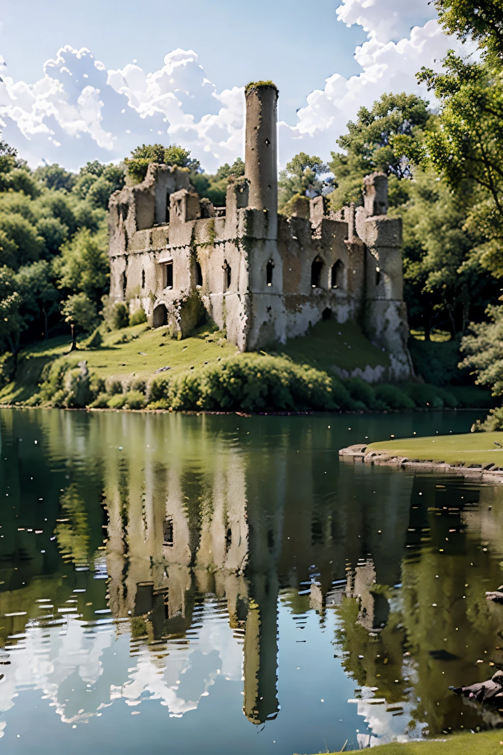 ruined castle facing a lake, where its reflection hits the water and reflects on this in its glory days  