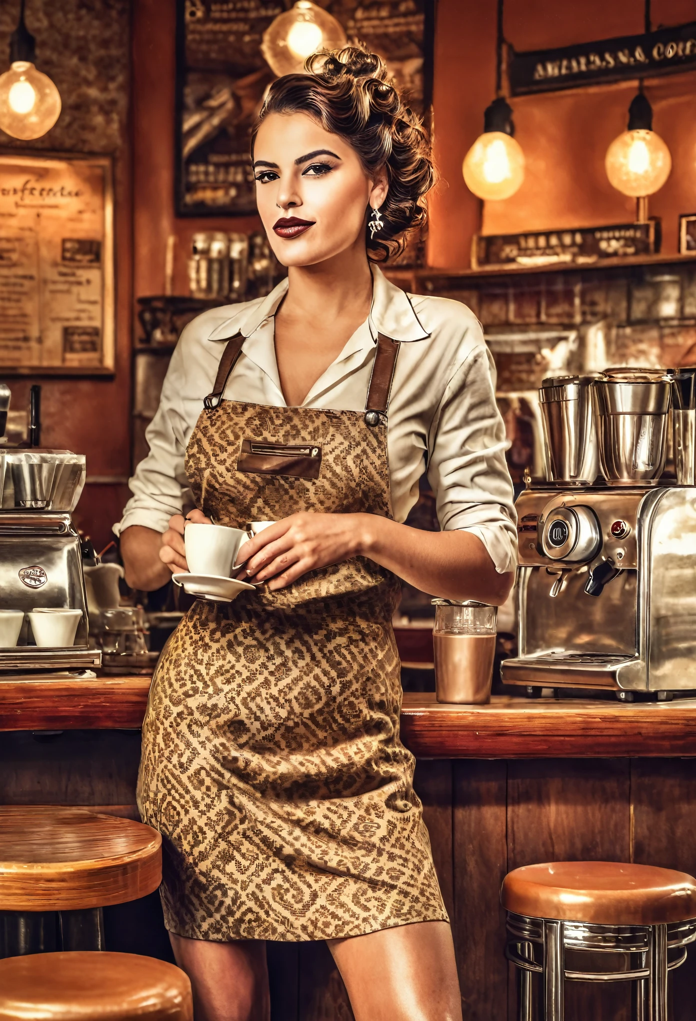 a beautiful barista, full body view, distant view, looking from behind, retro vintage style, in a cozy coffeeshop, wearing a stylish sensual outfit, nude back, amarrando o avental nas costas, sensual and charming expression, intricate details, cinematic lighting, warm color tones, masterpiece, ultra-detailed, photorealistic