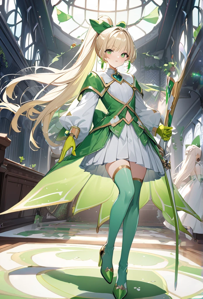 Please redeem、unity 8k wallpaper、32K、masterpiece、Very detailed、Ultra-high resolution、Very detailedな顔、RAW Photos、professional、Ultra-fine painting、Magical Fairy Swordsman Leafa、Blonde long hair、White hair ribbon、green eyes、Green magical girl costume、Blonde ponytail、White hair ribbon、Yellow ribbon with a large emerald brooch、White pleated skirt with green lines、Green and yellow long gloves、Green thigh-high stiletto heel boots with gold molding、