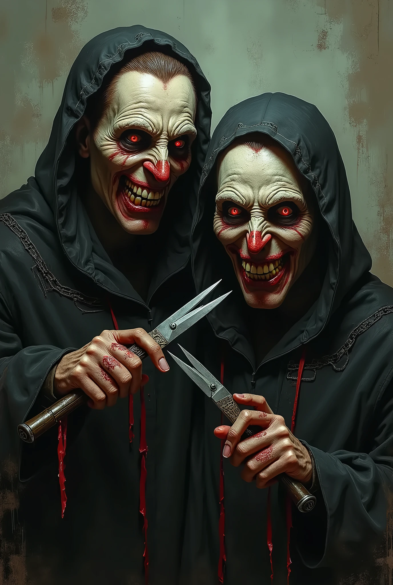 Dave McKean+Brom macabre Style - the Daemon Priest character Dramatic dynamic portrait, McKean+Pre digital beksinsky Art Style,eerie atmosphere Grimdark gritty texture,, subtle hints of light pops in mouth and eyes, grin, dental exaggeratively teeth ,holding a straight razor suggestively, and his other hand a prescription pill bottle,