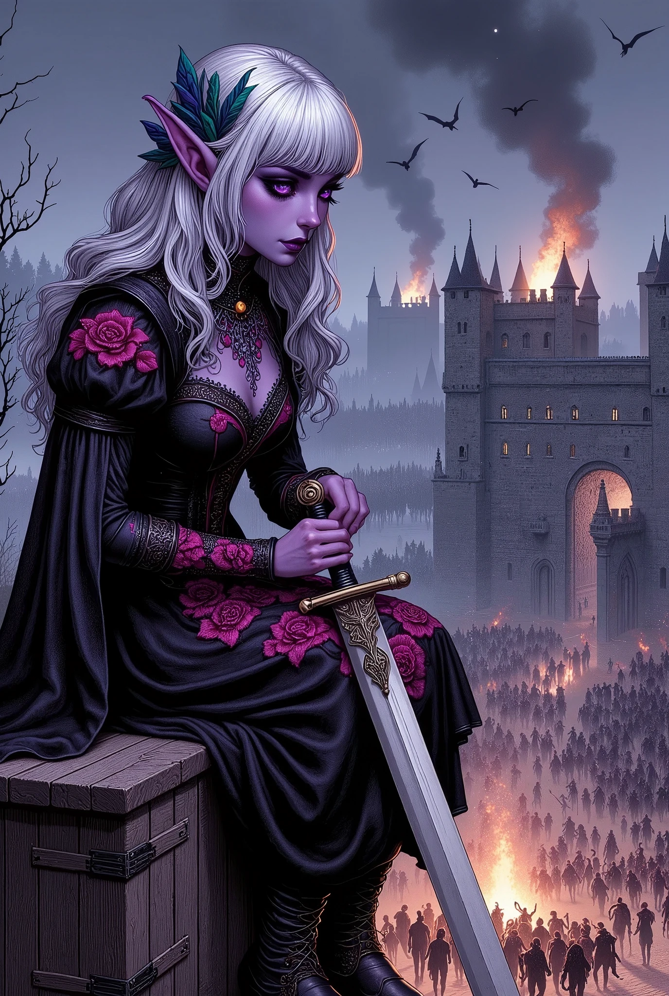 (Ultra-detailed face, Looking away, Fantasy Illustration with Gothic, Dark tone colors, Perspective looking down from above), BREAK 
(A dark elf woman kneels before a statue of a warrior in a bonfire-lit field, praying to a deity, holding the hilt of her sword, the tip of the sword on the ground, and silently imbued with divine power in the glowing blue-white sword.), BREAK 
(A young-aged dark elf woman with pure white hair and eyebrows, blunt bangs, very long disheveled hair, small pink lips, dark-purple color skin, lavender pupils, Draw thick, dark eyeliner around the eyes.), BREAK 
(The dark elf woman wears a hair ornament with bright feathers of a large parrot and a silvery mithril breastplate. She wears a velour lace-up dress with crimson roses embroidered on a black background and sandals woven with crimson leather straps.), BREAK 
(We are in an old medieval Scandinavian-style winter castle in the middle of the night, freezing, with snow blowing. The area is ablaze and full of smoke. Outside the castle, a large army of monsters is huddled around, making incessant attacks on the castle. From the sky, gargoyles shoot flames into the castle.)