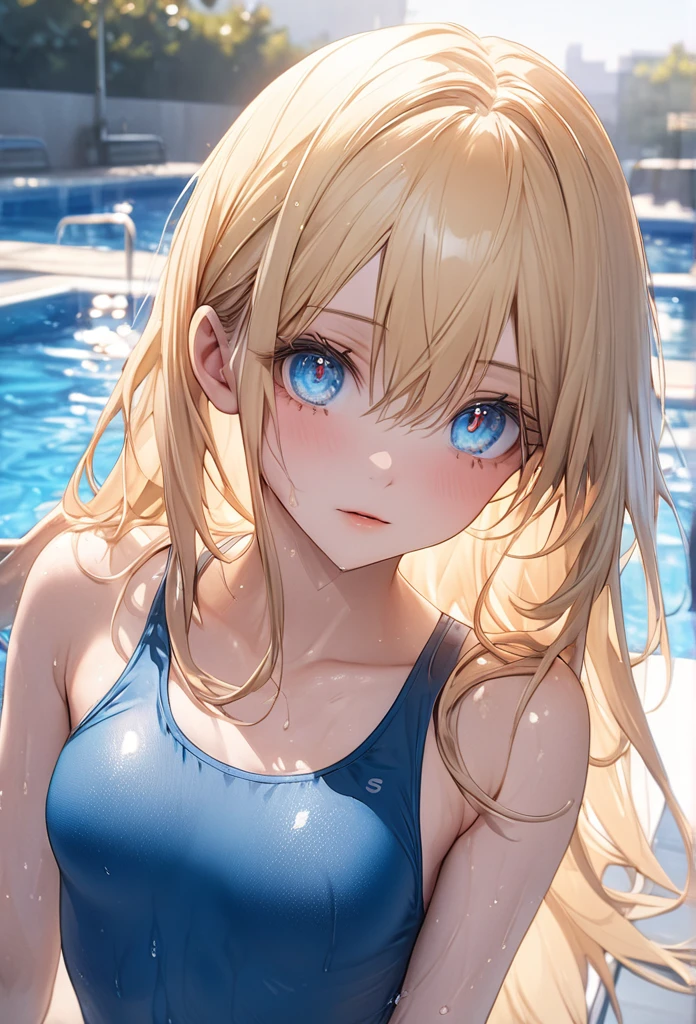 (blond hair:1.3、1girl、10years old、pretty girl、Flat Lighting、sea、(school swimsuit、water play、Exuberant smile、full body、from above、looking up))、absurd res:1.5、beautiful detailed eyes、perfect eyes、detailed hair、best quality、intricate detailed、Hyperrealistic、detailed background、perfect hands、detailed fingers、dramatic angle、(dark blue eyes、big eyes)