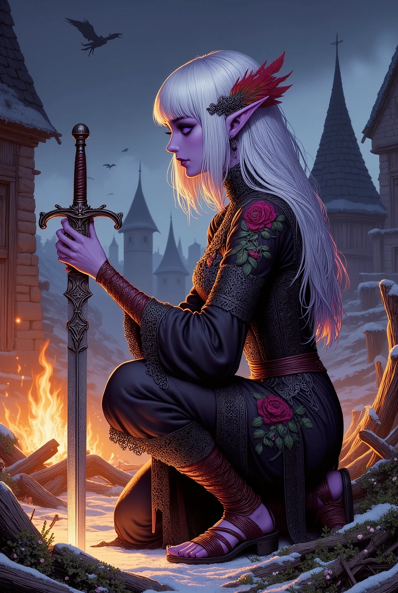 (Ultra-detailed face, Looking away, Fantasy Illustration with Gothic, Dark tone colors, Perspective looking down from above), BREAK 
(A dark elf woman kneels before a statue of a warrior in a bonfire-lit field, praying to a deity, holding the hilt of her sword, the tip of the sword on the ground, and silently imbued with divine power in the glowing blue-white sword.), BREAK 
(A young-aged dark elf woman with pure white hair and eyebrows, blunt bangs, very long disheveled hair, small pink lips, dark-purple color skin, lavender pupils, Draw thick, dark eyeliner around the eyes.), BREAK 
(The dark elf woman wears a hair ornament with bright feathers of a large parrot and a silvery mithril breastplate. She wears a velour lace-up dress with crimson roses embroidered on a black background and sandals woven with crimson leather straps.), BREAK 
(We are in an old medieval Scandinavian-style winter castle in the middle of the night, freezing, with snow blowing. The area is ablaze and full of smoke. Outside the castle, a large army of monsters is huddled around, making incessant attacks on the castle. From the sky, gargoyles shoot flames into the castle.)