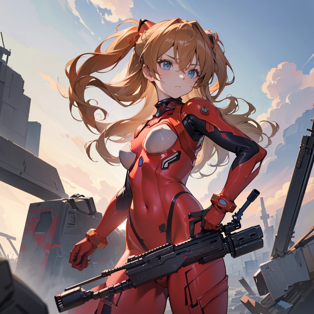 Girl shooting pose, One Girl, Shooting with an assault rifle, Sophisticated Assault Rifle, High-performance assault rifle, Dynamic Perspective,(8k, Best Quality, masterpiece:1.2, Highly detailed, Very detailed),Asuka Langley,Plug Suit