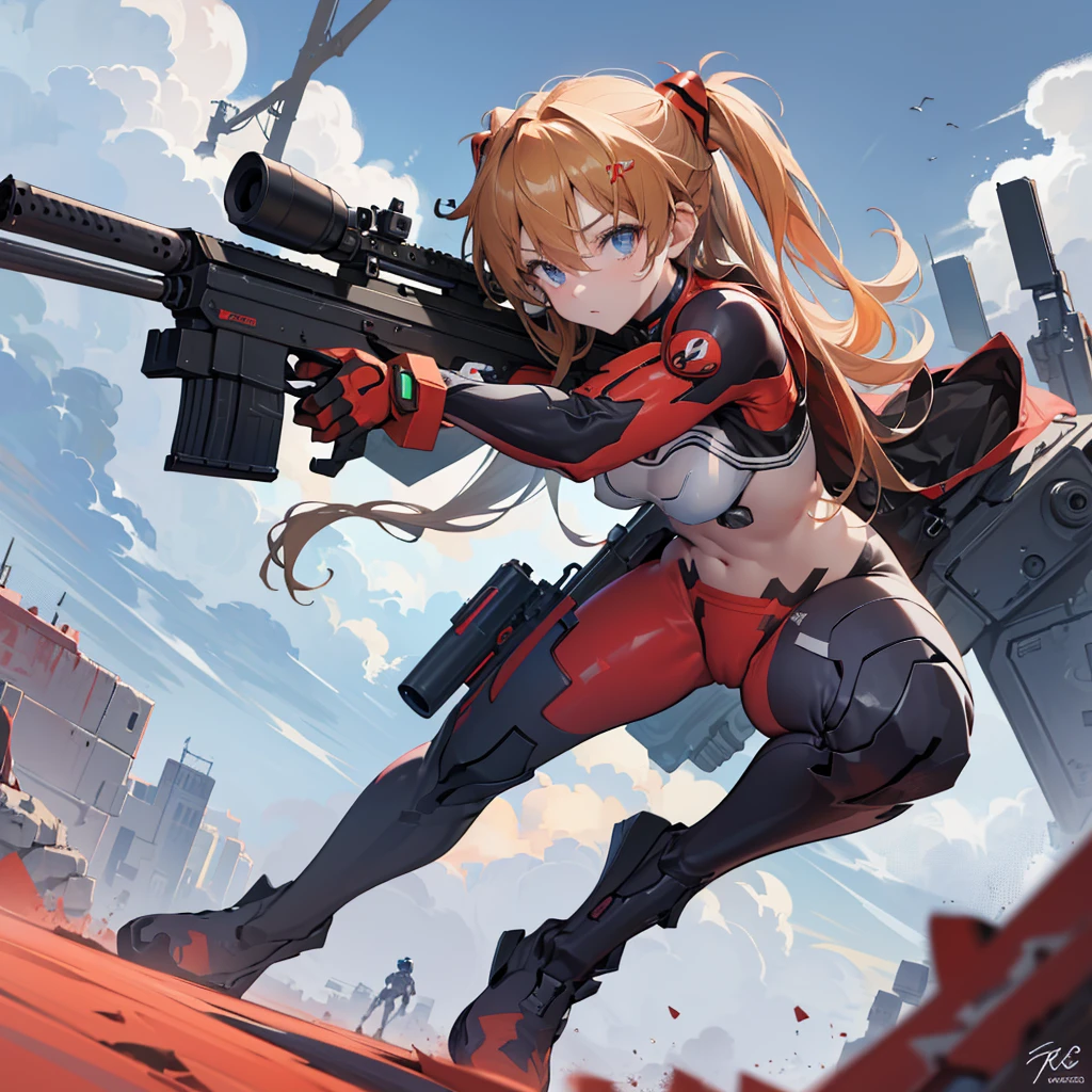 Girl shooting pose, One Girl, Shooting with an assault rifle, Sophisticated Assault Rifle, High-performance assault rifle, Dynamic Perspective,(8k, Best Quality, masterpiece:1.2, Highly detailed, Very detailed),Asuka Langley,Plug Suit