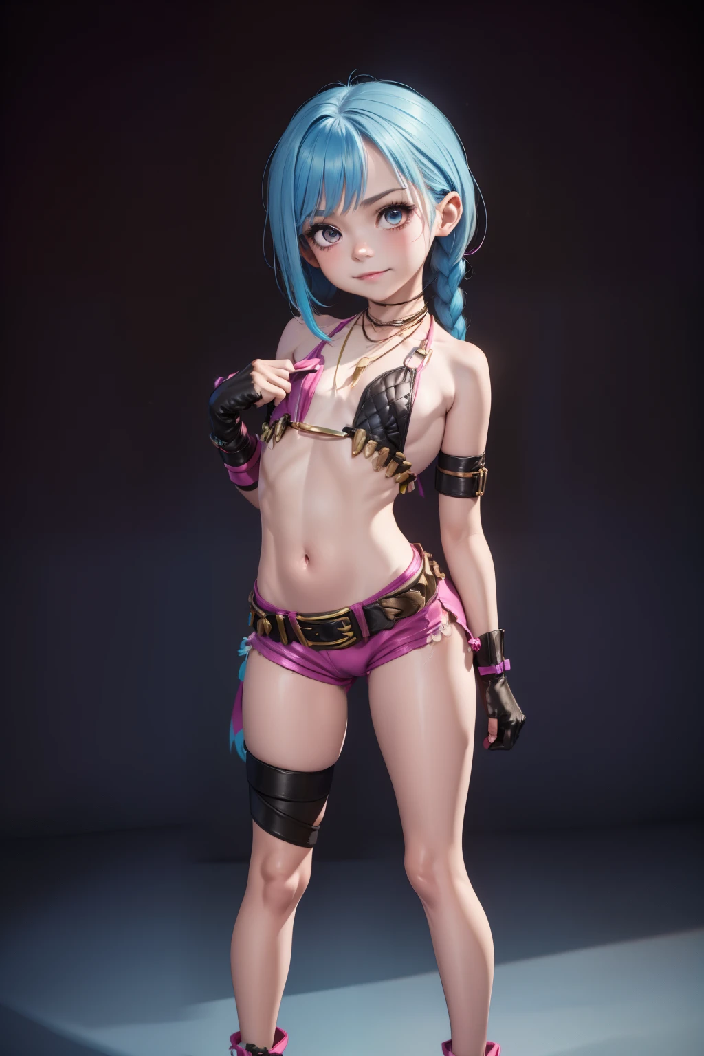  Lily UC, Mantis X, Jinx \(league of legends\), 1girl, blue twin braids, single elbow glove, short shorts, bikini top only, necklace, belt, bullet, fingerless gloves, 1girl, l0li, 10yearsold, childish body, teen, thin, skinny, slim, young pretty face, thin lips, short stature, compact body, petite limbs, broad pelvis, wide hips, thick thighs, huge ass, small chest, cameltoe, cunny, cute, smug, simple background, full body, hands free