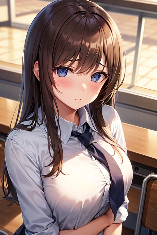 One lady,{Best Quality}, {ultra-detailliert}, {very detailed illustration}, Top image quality,silber hair, Aimei, embarrassed from,breastsout,red blush,Black tie,{Suspender Skirt},suspenders,skirt by the,long-sleeve,Casual clothing,a bed,all-fours,{bustup},front-facing view
