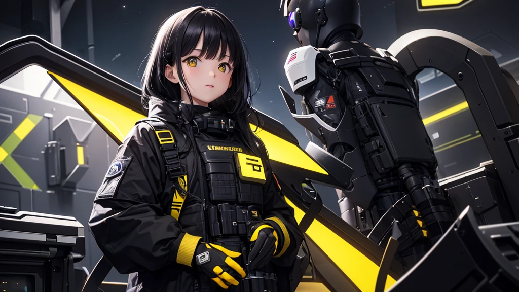 from future intelligence、background technology、complex mission, unexpected idea, result sudden, confident look、space black pioneer dress、yellow eyes、black hair