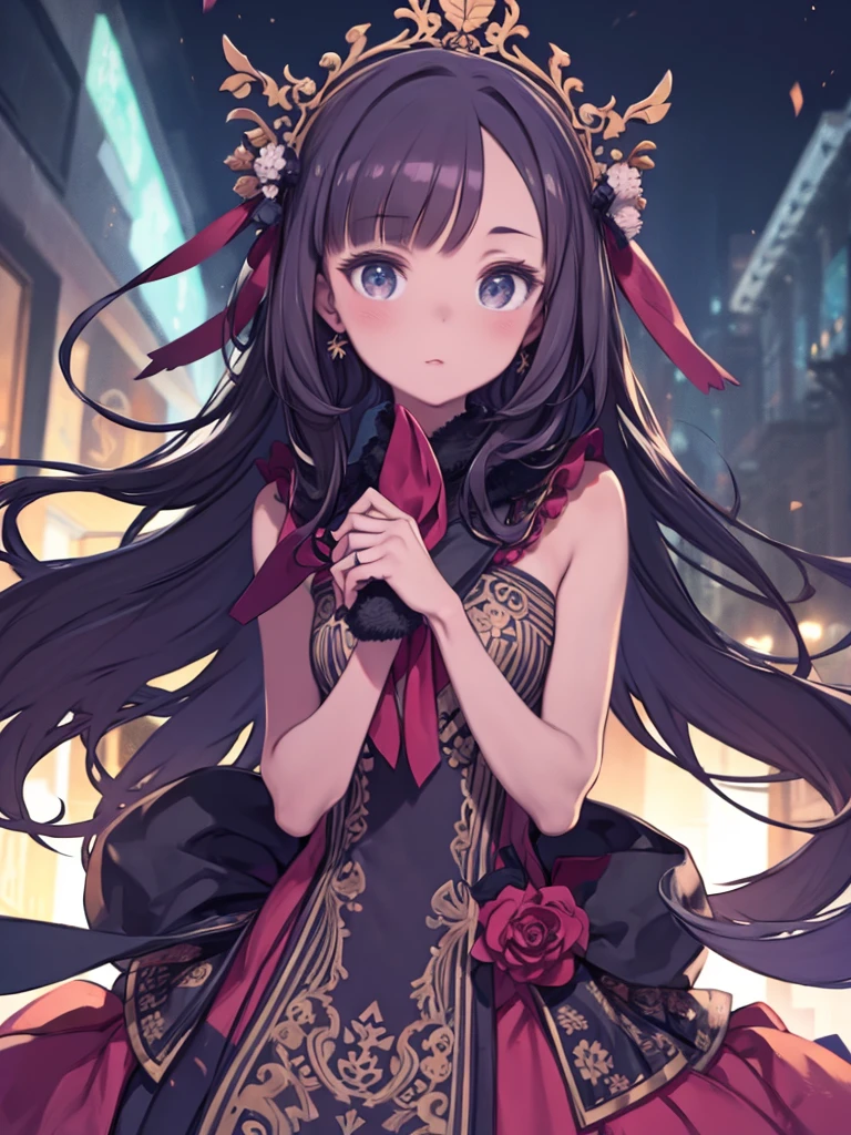 absurdres, high detail, uhd, outdoors, hong-kong city, street,
standing, light smile, fighting pose,
curren, long hair, ponytail, red hairband, chinese clothes, black dress, bare shoulders, frills, sleeveless, black shawl, pantyhose,
<lora:gomaotsu-curren-t2-000080:0.7>