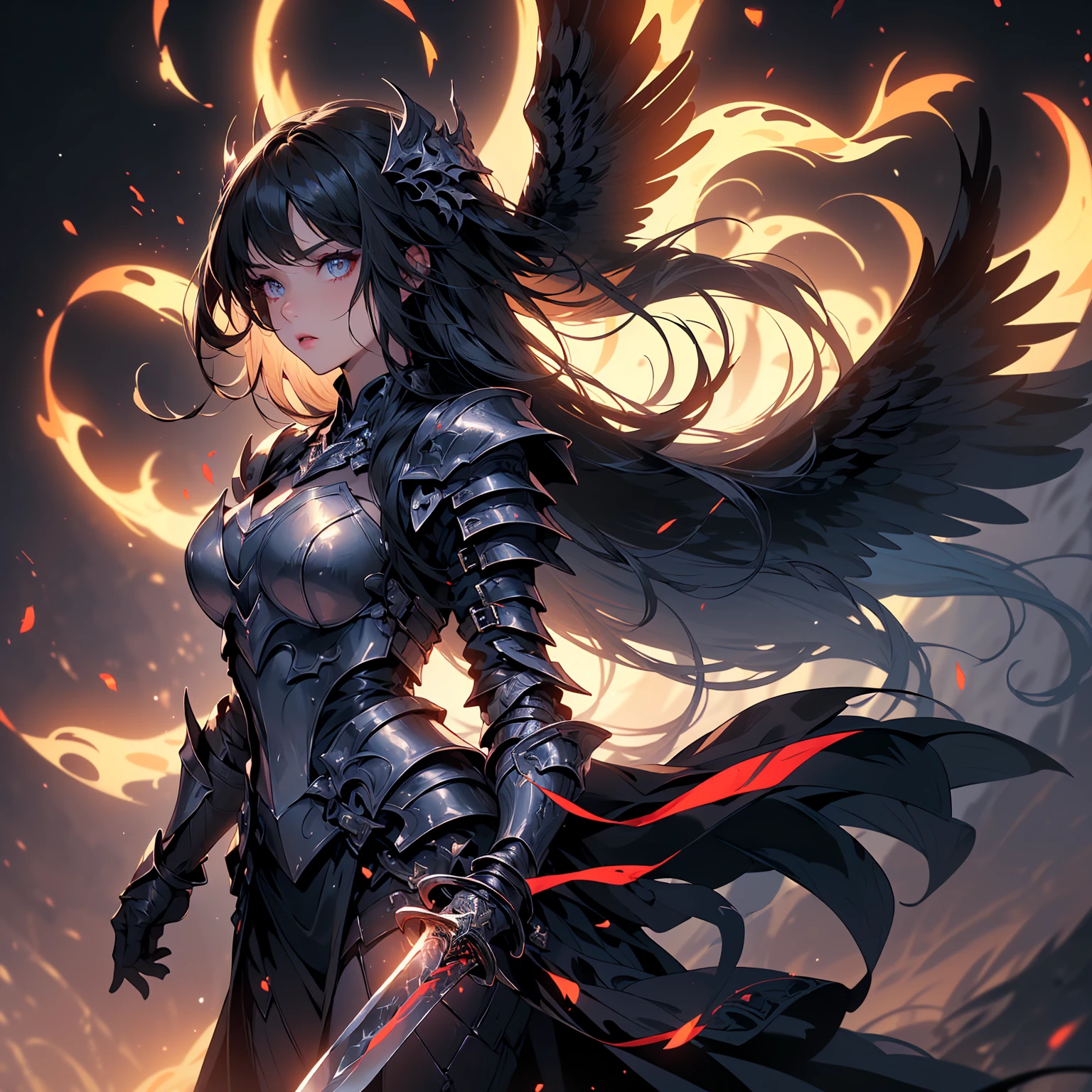 (((masterpiece, best quality, high detailed, 8k))) Design a layout showcase Gaming character, (1girl). Black+Crimson dark armor, stylish and unique. ((weapon:1.4)), cursed sword. (masterpiece:1.2), (best quality), 4k, ultra-detailed. (luminous lighting, atmospheric lighting). dark warrior, ((six wings of shadow and fire)), ((glove full hands)), (((revealing armor:1.3))), vambraces, armored legwear, (((full_body_shot:1.4))). {In an infernal realm}. (((extremely imposing presence, black flames, super strong, incredibly beautiful with dark armor))).