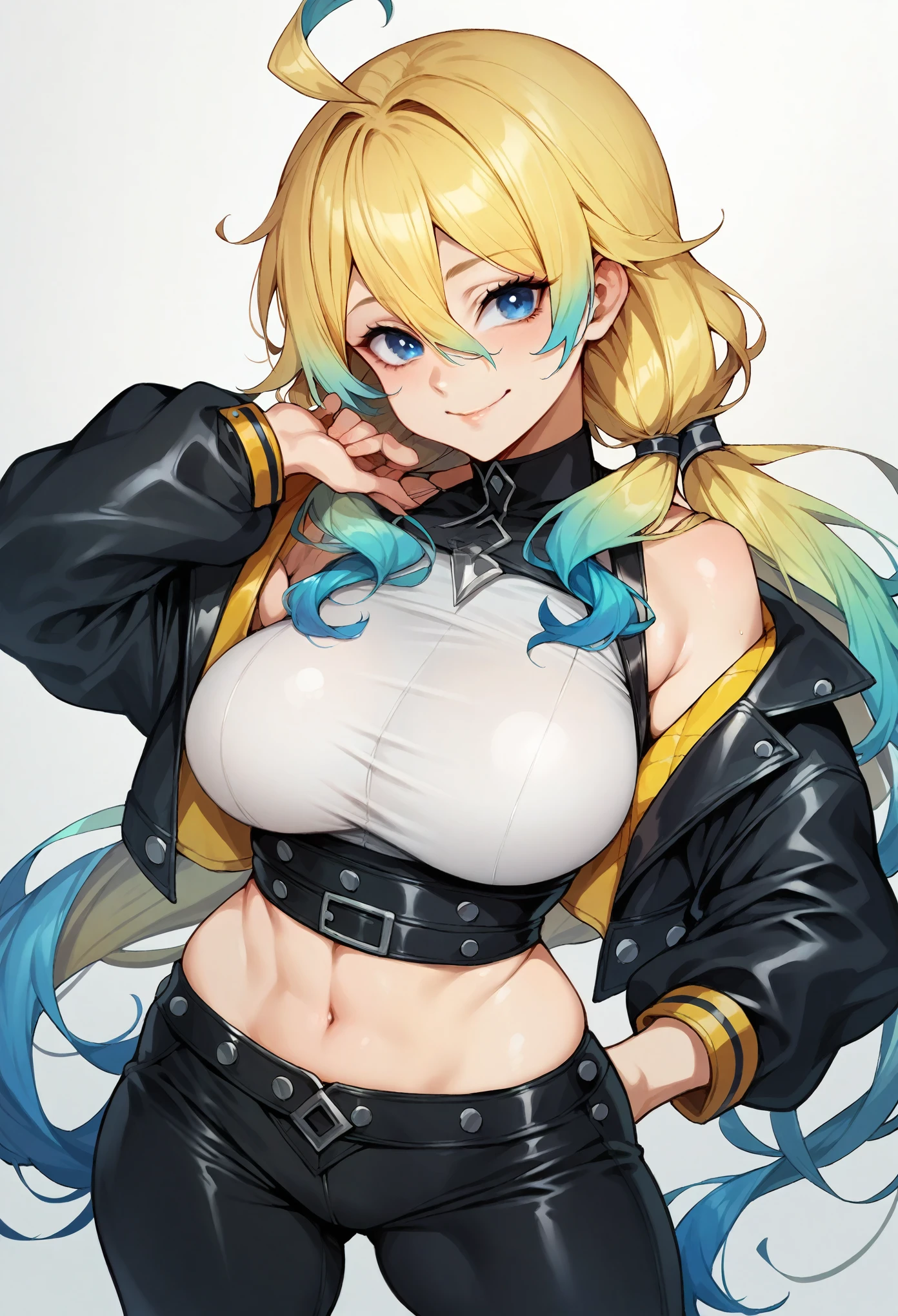 1girl, solo, ahoge, bangs, multicoloured hair, gradient hair, yellow hair, (blue hair:0.9), low twintails, very long hair,  hair between eyes, blue eyes, large breasts, crop top under jacket, white crop top, leather pants, kusogaki smile