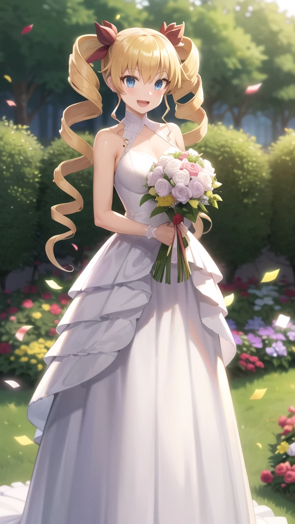 masterpiece, best quality, highres, aaharvey, long hair, twintails, twin drills, hair ribbon, wedding dress, standing, garden, confetti, holding bouquet, smile, open mouth,