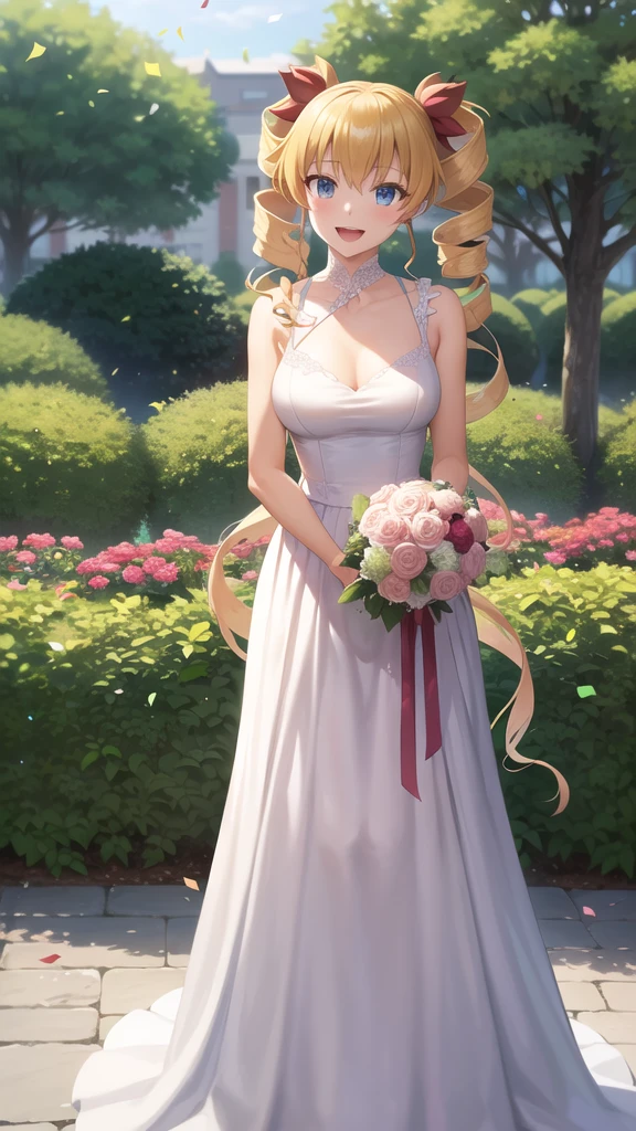 masterpiece, best quality, highres, aaharvey, long hair, twintails, twin drills, hair ribbon, wedding dress, standing, garden, confetti, holding bouquet, smile, open mouth,