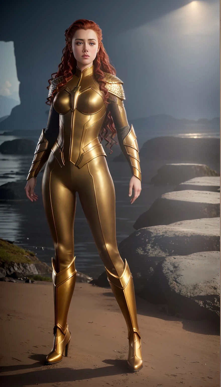 ((full body shot, standing, feet on the ground))  (best quality), (photorealistic : 1.3), 8K, detailed skin texture, detailed cloth texture, beautiful detailed face, intricate details, Ultra detailed, Amber Heard, Mera dans la tenue watch Aquaman movie, farting straight red hair, (full length body : 1.2)