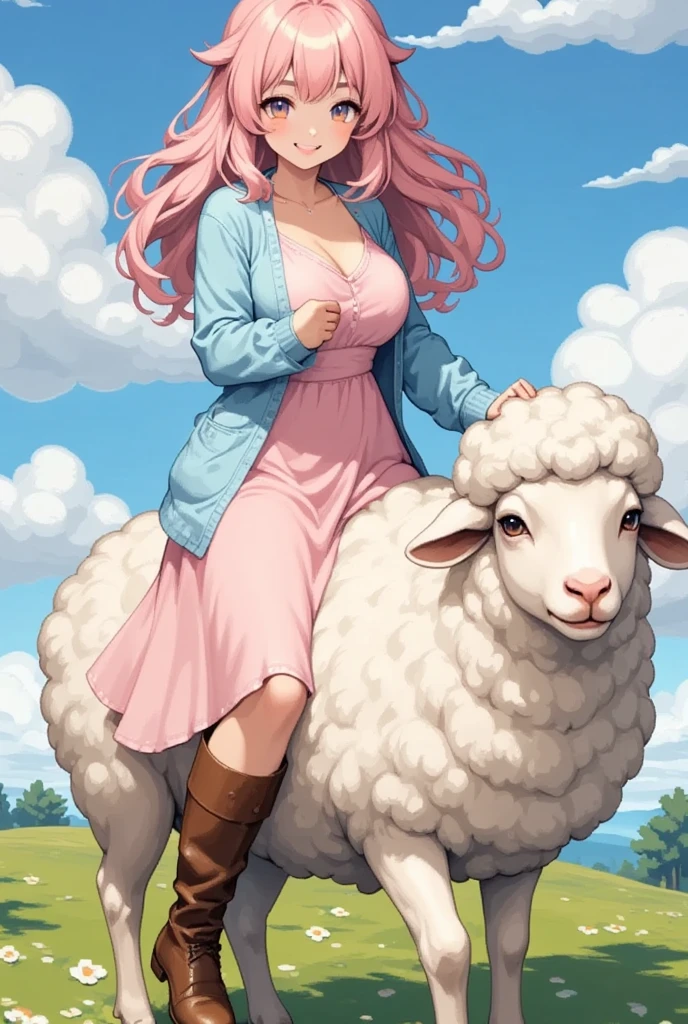 (Best Quality, High resolution, Super detailed), Sheep, Young woman, hair\(sheep wool\), Pink Hair, Fluffy hair, Thick eyebrows, Pink dress, Sky blue cardigan, Brown boots, Riding a sheep