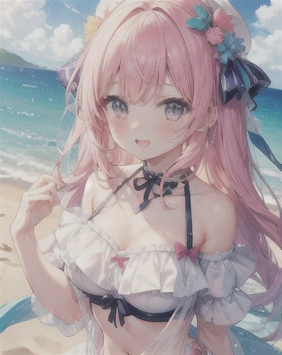 a beautiful girl in a frilly white swimsuit, mismatched eyes (right eye is pink, left eye is yellow), thin pink hair in twin tails, wearing a floatie, in the ocean, small bust, (best quality,4k,8k,highres,masterpiece:1.2),ultra-detailed,(realistic,photorealistic,photo-realistic:1.37),anime