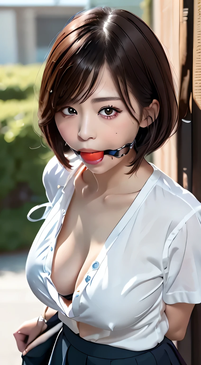 ((Best Quality、8k、masterpiece：1.3))、、Student Uniform、[Uniform、Ultra short hair、Crisp focus：1.2、Beautiful woman with perfect style：1.4、Slim Abs：1.2、((Dark Brown Hair、Big Breasts：1.2))、(White button-up long shirt:1.1)、street:1.2、Highly detailed face and skin texture、Detailed eyes、double eyelid、Lesbians all over、Pleated skirt,Ball gag