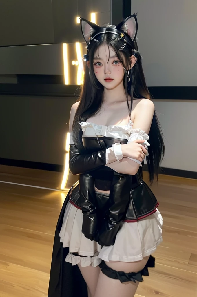 RAW Photos, 8k, (highest quality), Realistic, (live-action, Intricate details), (Natural skin texture, Detailed skin, Hyperrealism, Sharpness), (Japanese teenage girl standing in a dirty back alley at night, Put your hands on your head, graffitied wall:1.3), ((Gray and white Jirai fashion)), (Pale skin:1.2), Slender body, ((Braid, Blunt bangs)), (Fascinating face, Provocative look, Lips parted:1.3, eye shadow, eyeliner, Tear bags:1.2, Red lips), graffiti:1.5, at night, Spot lighting:1.3, Upper Body Shot