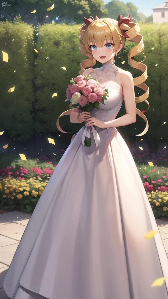 masterpiece, best quality, highres, aaharvey, long hair, twintails, twin drills, hair ribbon, wedding dress, standing, garden, confetti, holding bouquet, smile, open mouth,