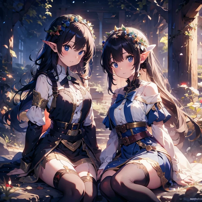 (masterpiece:1.2),(anime),(Medieval Background),(Elf Sisters)、((Preparing the bow)),((Shooting a bow))、Rogue Outfit、(Shooter)、In the woods、((Fantasy)),Fantasy、cute、Light effects