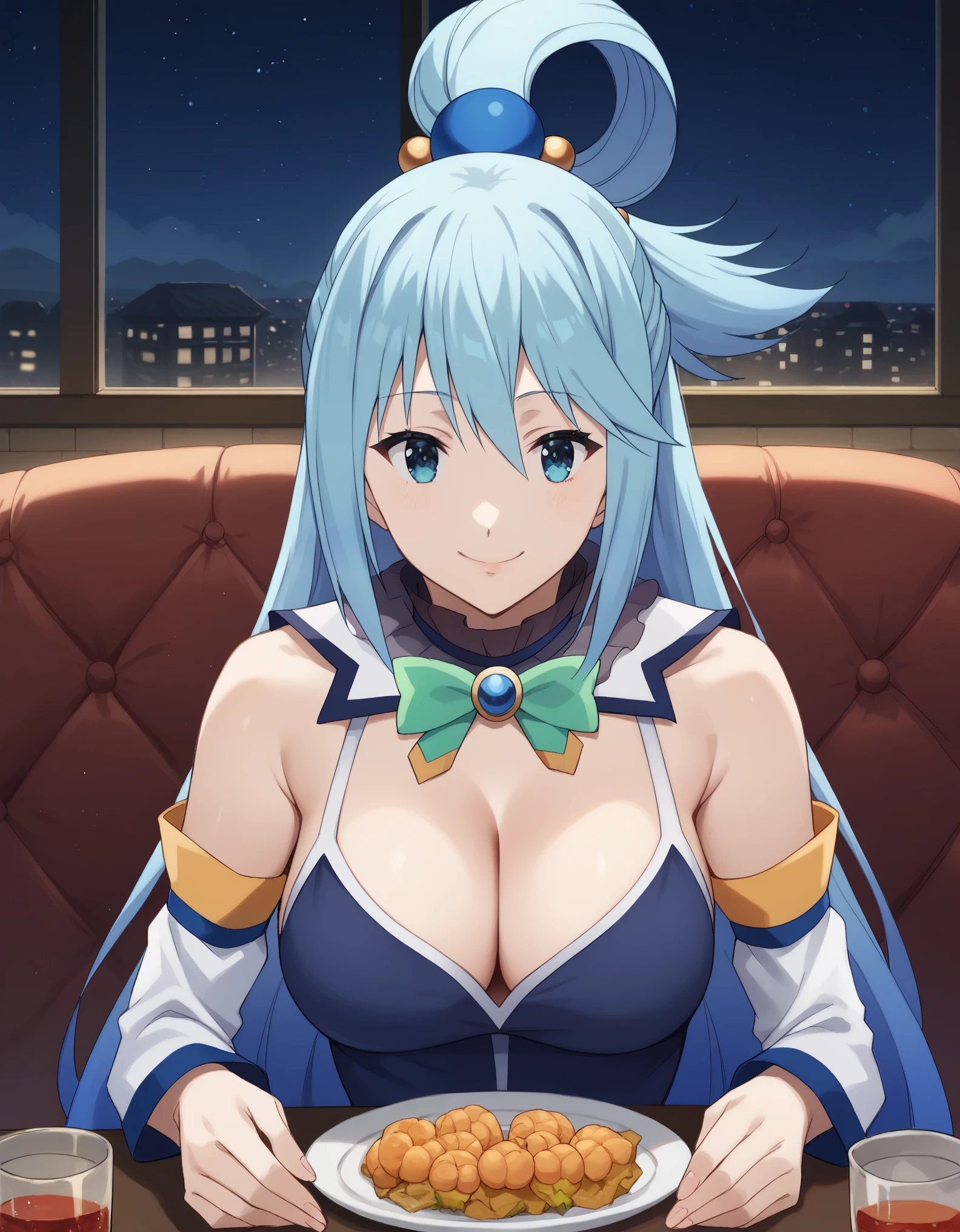 score_9, score_8_up, score_7_up, rating_safe, CONCEPT_PovDating_ownwaifu, solo,1girl,aqua \(konosuba\), long hair, blue eyes, hair ornament, very long hair, blue hair, hair rings, single hair ring, hair bobbles, medium breasts, looking at viewer, indoors, pov across table, sitting, upper body, chair, pov dating, Smile sweetly, night, restaurant, drinks, foods, dishes, luxurious dress, deep cleavage, bare shoulder, night background