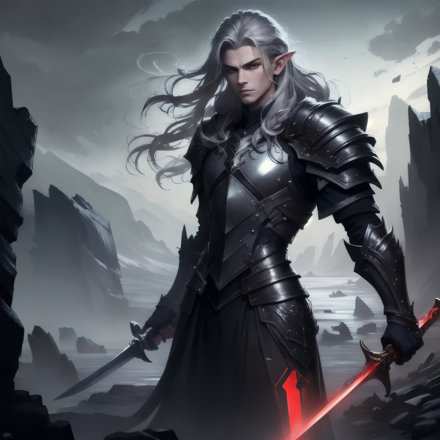 The image is a fantasy digital artwork featuring a full-body elven-looking character holding a beautiful sword. The subject is a gray-skinned individual, with long flowing black hair and pointed ears, wearing dark armor with a complex design. Dark elf. The armor is detailed with metallic textures and patterns, including a prominent chest piece and shoulder pads. A red gemstone is embedded in the armor, adding a striking contrast to the dark tones. The character's expression is serious, with striking features and a scar on the left side of his face. The background is a rocky, blurred landscape, enhancing the focus on the character. The overall color palette is dark and moody, with shades of black, gray and silver dominating the scene.
