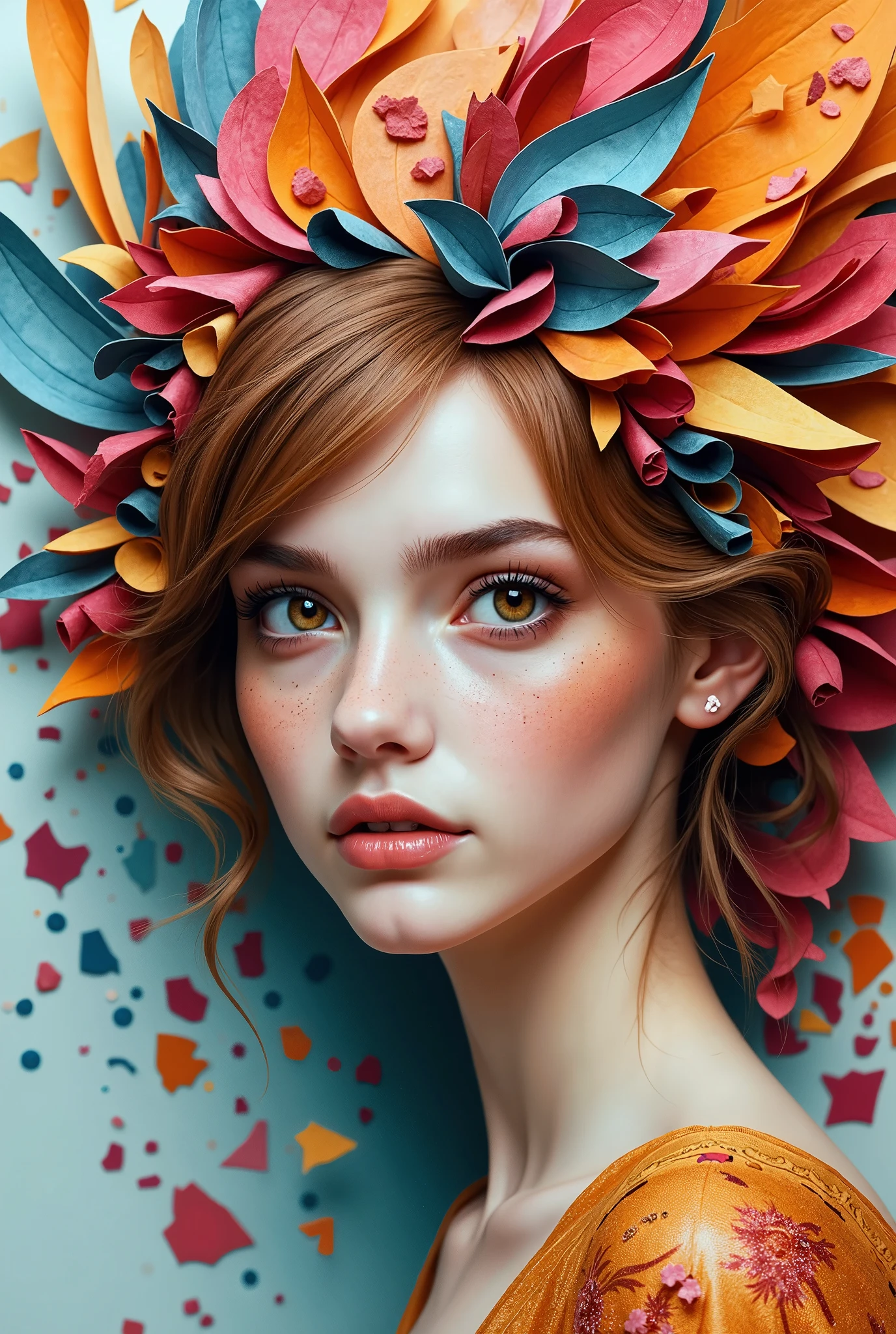 A highly detailed and artistic abstract photograph of a geometrical woman, presented as a trendy 32k poster. The beautiful woman has hair made from 3D paper quilling designs, intricately layered with abstract, flowing paper elements. Her symmetrical hazel eyes feature circular irises, standing out sharply amidst the shattered paper fragments surrounding her. She maintains a natural body posture, blending realism with artistic abstraction. The artwork is inspired by the styles of Alberto Seveso, Carne Griffiths, and Wadim Kashin, combining their intricate and complex watercolor techniques. The overall aesthetic is abstract, with vibrant color explosions and dramatic, volumetric lighting. Rendered in 3D with octane quality, the piece has a cinematic feel, capturing an epic and stunning vision. The use of complementary colors and a maximalist approach to detail gives the composition a dynamic and atmospheric quality, all meticulously crafted with brilliant digital painting techniques and an 8k resolution, making every detail pop.