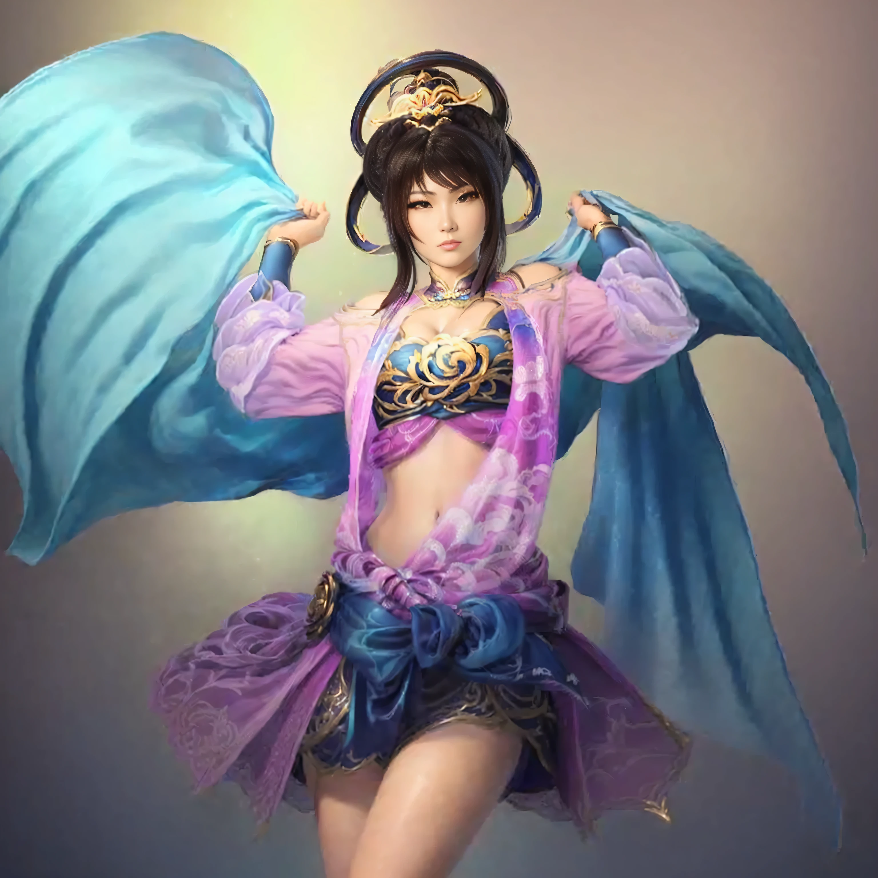 Close up of a woman wearing a blue cape, Inspired by Shu, g liulian art style, Artistic Germ. Anime illustrations, Inspired by Ju Lian, heise jinyao, style of Artistic Germ, Artistic Germ lau, yun ling, Beautiful figure painting, Inspired by Pu Hua, ! dream Artistic Germ big breasts cleavage low cut top