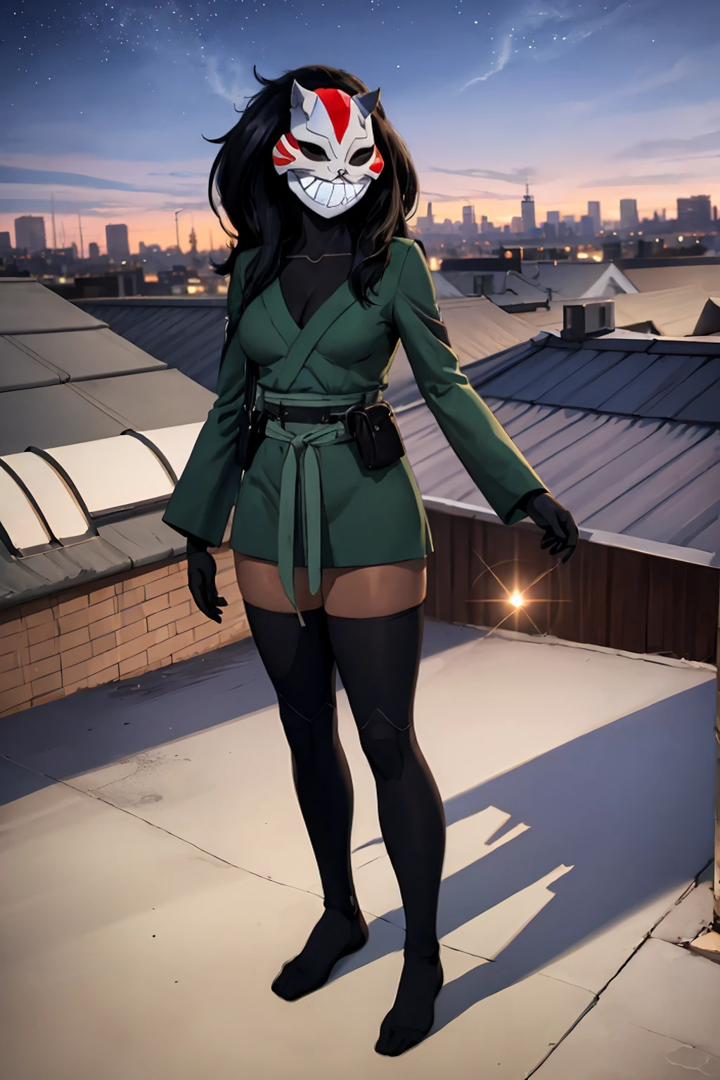 ((full body shot, standing, feet on the ground))  masterpiece, best quality, 1girl, solo, looking at viewer, breasts, outdoors, depth of field, lens flare, light particles, cheshire, mask, gloves, dark skin, long sleeves, thighhighs, bodysuit, night sky, rooftop, from above, cowboy shot,