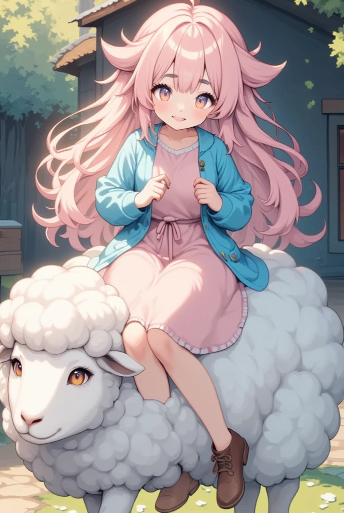 (Best Quality, High resolution, Super detailed), Beautiful pixel art, Sheep, Young woman, hair\(sheep wool\), Pink Hair, Fluffy hair, Thick eyebrows, Pink dress, Sky blue cardigan, Brown boots, Riding a sheep, Artistic pixel art