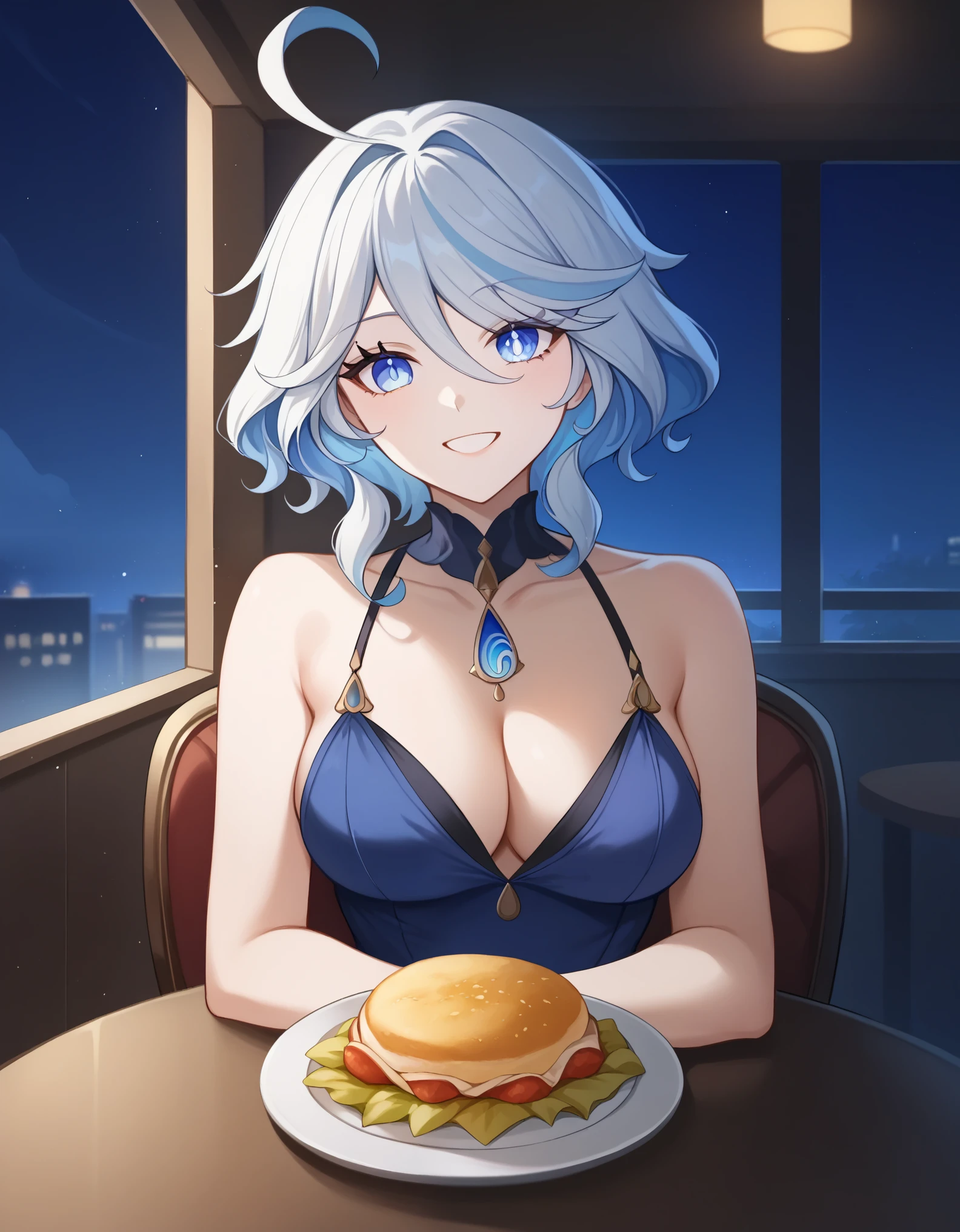 score_9, score_8_up, score_7_up, rating_safe, CONCEPT_PovDating_ownwaifu, solo,1girl,furina_\(genshin_impact\), medium breasts, looking at viewer, indoors, pov across table, sitting, upper body, chair, pov dating, Smile sweetly, night, restaurant, drinks, foods, dishes, luxurious dress, deep cleavage, bare shoulder, night background