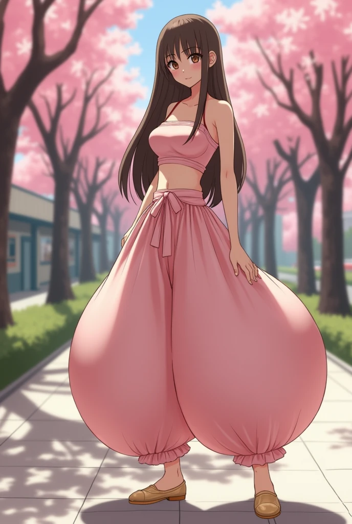 Japanese high school girl, solo, fullbody, brown eyes, brown long hair, wearing an Arabian outfit consisting of humongous inflatable satin Princess Jasmine-style pantaloons, pink school shoes & a giant inflatable satin bra top. The pants are light pink and extremely puffy and completely round and completely spherical, high quality.
