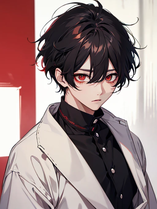 anime, male pessonage, black hair, red eyes, beautiful eyes, beautiful face, well-built body, short hair reaching up to the eyebrows, scattered hair, ambient lighting, black long sleeve t-shirt. maxim. --auto --s2