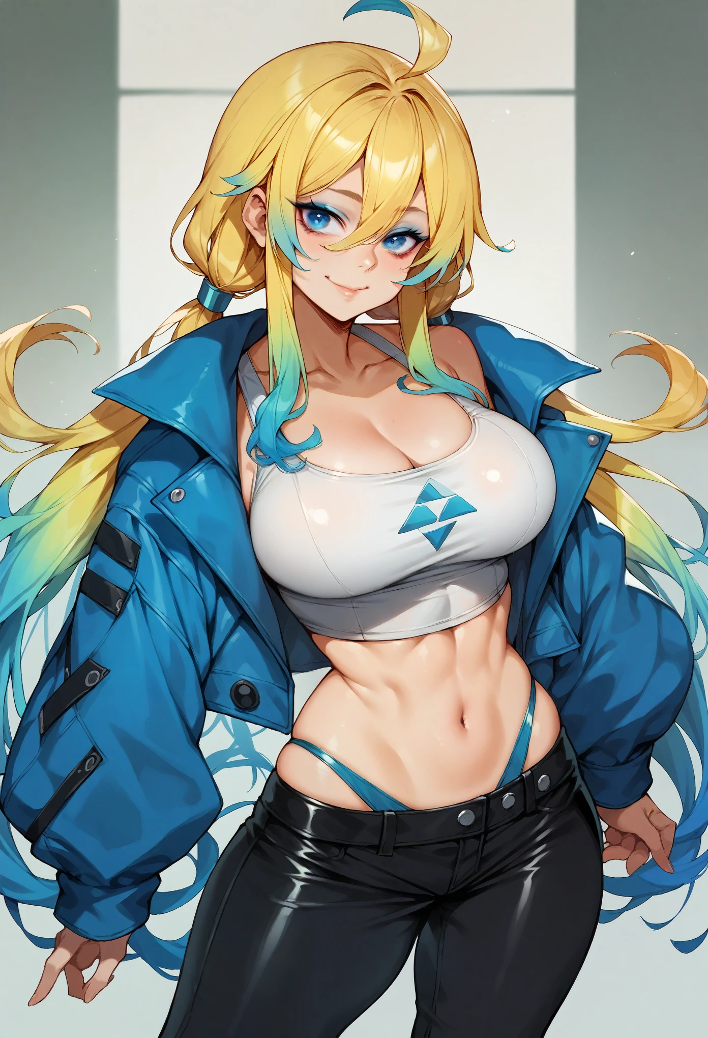 1girl, solo, ahoge, bangs, multicoloured hair, gradient hair, yellow hair, (blue hair:0.9), neon blue eyeshadow, neon blue mascara, low twintails, very long hair, hair between eyes, blue eyes, large breasts, crop top under jacket, white crop top, cleavage, leather pants, high waist panties, kusogaki smile