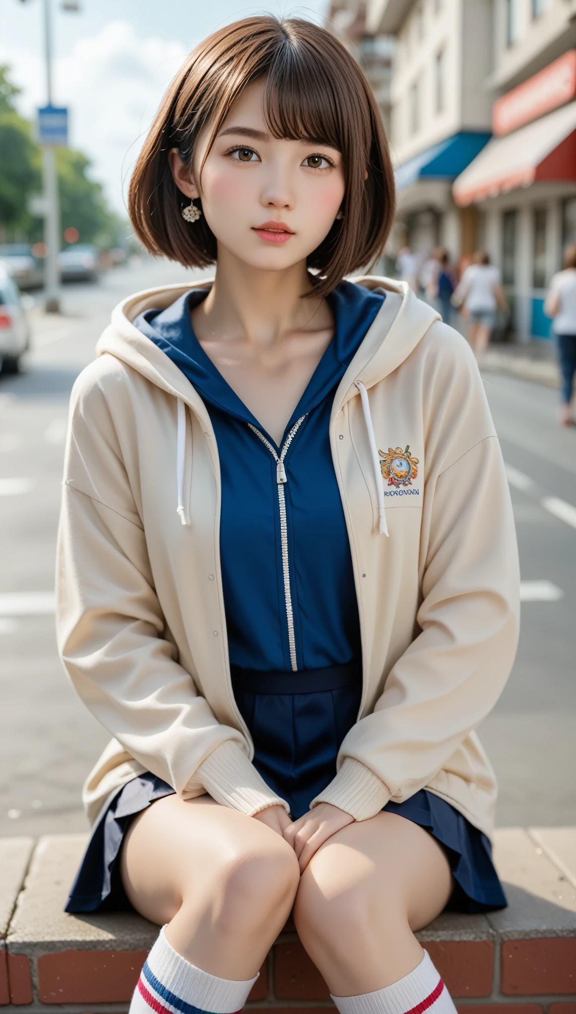 sonyのheadphoneを着用している:1.5、headphone、One Girl、Magical Girl、Perfect Anatomy、Small Face、Fuller lips、Brown Hair、Distinctive hairstyle、A look of doubt、Modern hoodie、Knee socks、(((Blurred Background、Street Corner、Daily Scenery)))、Please redeem、High resolution、High resolution、Cinematic Lighting、Professional photographer