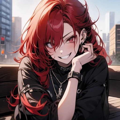 Arafed woman with red hair and piercings sitting on a bench, 4k anime style, [[[[grinning evily]]], anime badass 8 k, evil smile, crazy smile, anime wallpaper 4k, anime wallpaper 4k, anime art wallpaper 4k, anime art wallpaper 4k, detailed digital anime art, grinning lasciviously