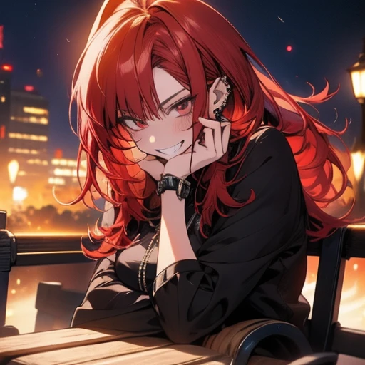 Arafed woman with red hair and piercings sitting on a bench, 4k anime style, [[[[grinning evily]]], anime badass 8 k, evil smile, crazy smile, anime wallpaper 4k, anime wallpaper 4k, anime art wallpaper 4k, anime art wallpaper 4k, detailed digital anime art, grinning lasciviously