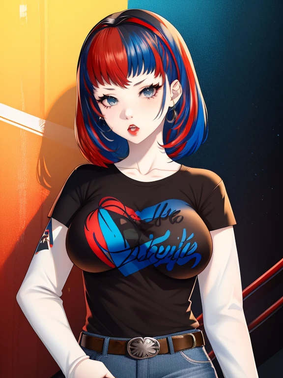 aleardef, blue hair, red hair, multicolored hair, blue eyes, red eyes ,multicolored eyes, ,glossy lips, earings ,1girl, solo, black t-shirt, white shirt, blue jeans, belt, lipstick, large breasts
