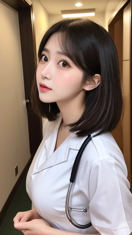 young woman、 Japanese women、Brown Hair、Necklace around the neck、White、Doctor's attire、Stethoscope、Big Breasts、Wavy Hair、short hair、Intricate details, Very detailed:1.2), 、 Looking into the camera,The background is the examination room...、ear piercing