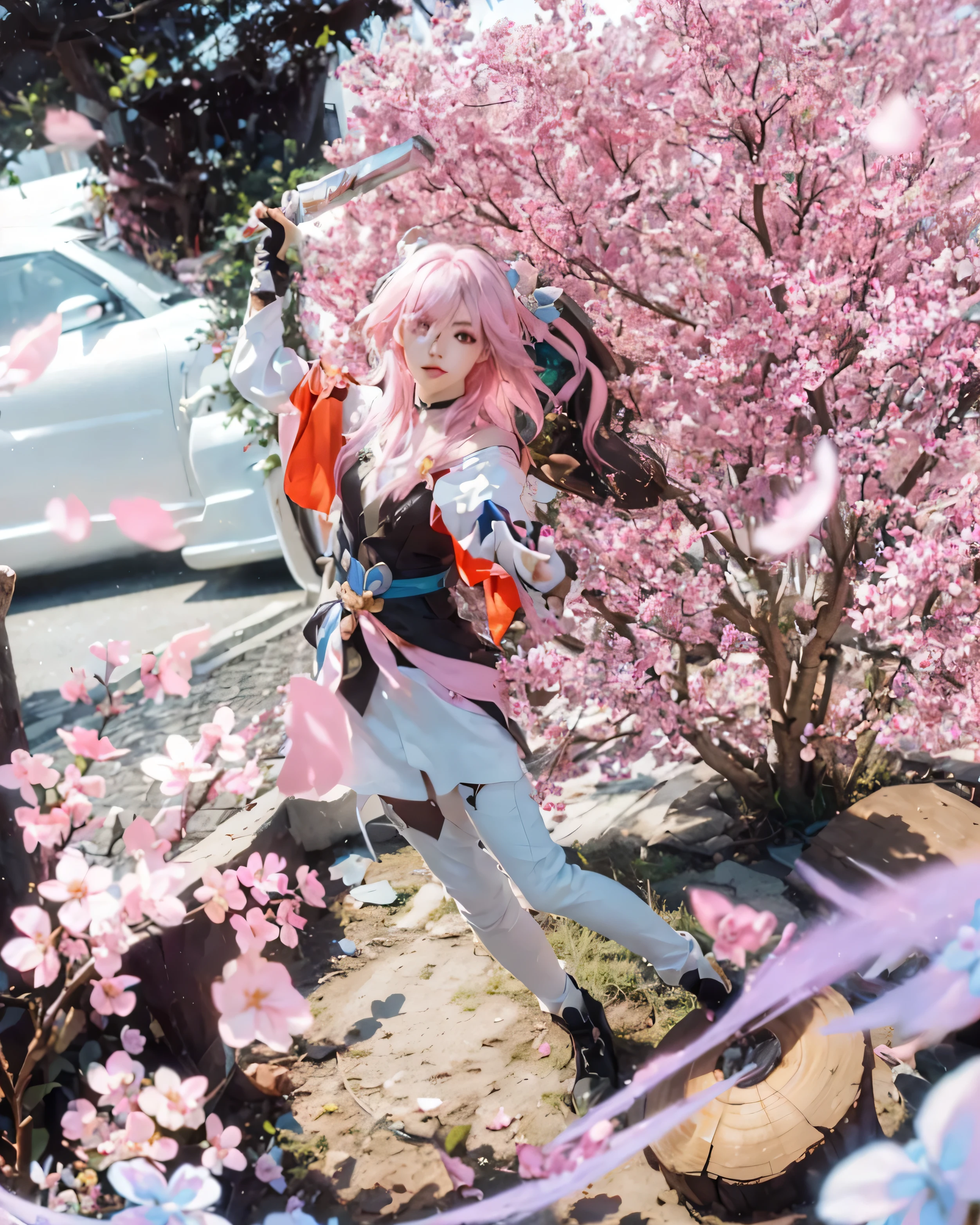 ( march_7th_\(hunt\)_\(honkai:_star_rail\),),((realistic, photorealistic)),(highlight hair)), Light reflection, (( HD )),((upper body)), (((best quality, masterpiece))), (masterpiece) (best quality) (detail) (8k) (HDR) (wallpaper) (cinematic lighting) (sharp focuasterpiece, best quality: 1.1), Real life adaption of this character, realistic outfit, realistic shadow, realistic light, realism, hyper realistic, realistic background,realistic hair,(photorealistic:1.2), (masterpiece: 1.2), (best quality: 1.3), (clear details: 1.3), ((((ultra-detailed)))), ((detailed eyes)), (extremely detailed face:1.4), (highly detailed eyelash:1.6), Ada_re4, (sitting),(beautiful face:1.5), (Masterpiece, Top Quality: 1.2), masterpiece, best quality, highrens, 4k resolution, minimalism, 1 girl,solo,Japanese background, cherry blossoms, felled trees, pink hair, highlight glow effect, sunlight,Dual swords, two small bells in the hair, loose hair rope,Cherry blossoms flying, glow effect , stepping on tree stumps, pink smoke