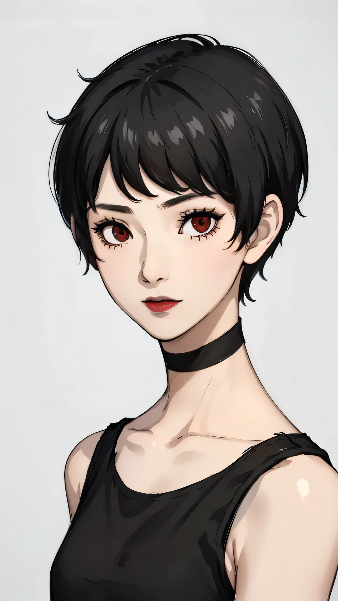 1 girl, very Short hair, tomboy Pixie haircut, black hair, red eyes, black lipstick, black lipstick, face portrait, black choker, bandeau  , front face, bedroom, front face, face portrait, bangs,