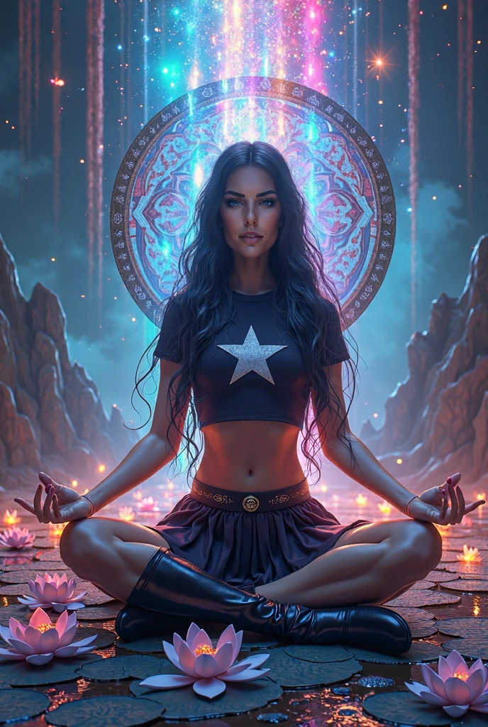 Around her neck is a long chain with an amulet and a pendant. looks at me. His gaze stares intently at the center of me