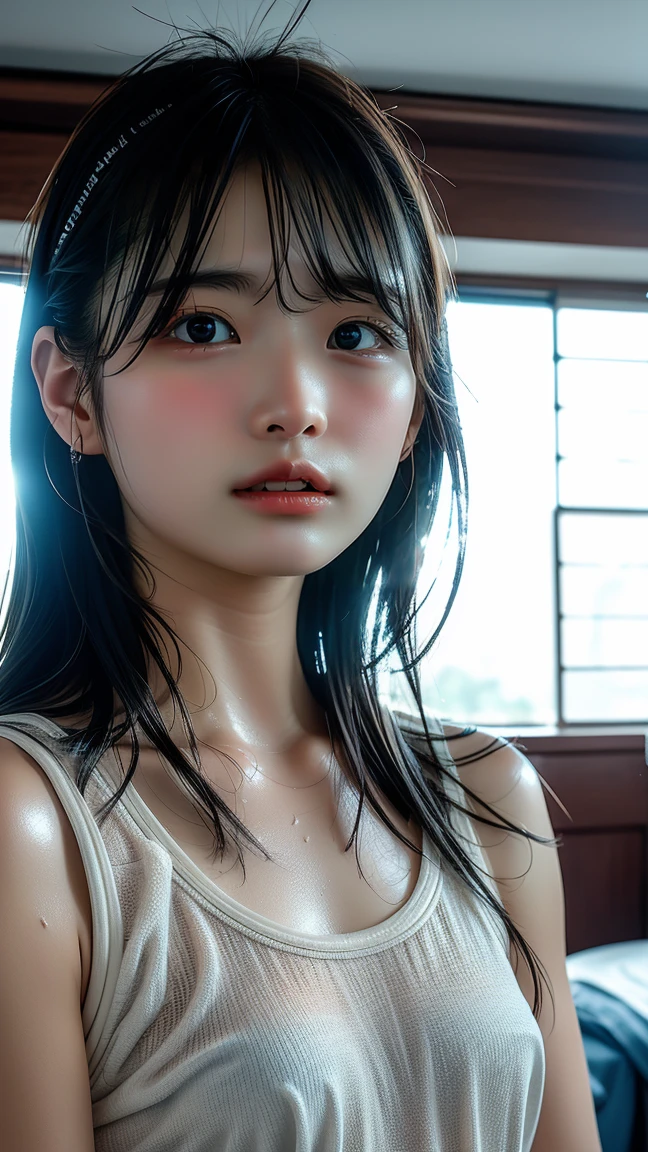 photographrealistic,(One young beautiful Japan girl, Black and shiny hair、short-haired、),(fullnude:1.4),(Distant gaze:1.2),Wavy hairstyle,Slim waist,soft makup, Instagram (Photorealistic, High resolution:1.2), Looking at Viewer 、all-fours、I'm giving a、cuminmouth 、Wet with sweat all over the body、Perfect body、tiny chest、ssmile、Feeling ecstasy、Precise human body structure、Super close-up of the face