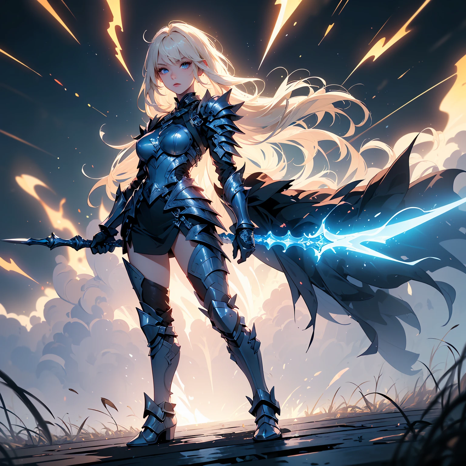 (((masterpiece, best quality 16k)))((full body shot)) of a girl in electrifying, futuristic armor with sleek silver and blue accents, standing in a stormy, electrified sky. She has short, spiky platinum blonde hair and piercing, electric blue eyes. Her skin has a faint, radiant glow, and she is adorned with intricate lightning bolt motifs. She holds a magnificent staff crackling with arcs of lightning, emitting a powerful, electric aura. The atmosphere is {charged|awe-inspiring}, with thunderclouds and bolts of lightning illuminating the scene. The ground beneath her is charged with static electricity, creating a shimmering effect and adding to the electrifying ambiance. Surrounding her are swirling storm clouds and bursts of lightning in shades of {blue|white}, casting a dynamic, electrical glow. The background features towering, swirling storm formations and glimpses of a distant, lightning-lit castle, hinting at a kingdom ruled by thunder and lightning. The scene is intense and majestic, with her face showing a confident yet serene expression, her eyes focused intently on harnessing her power. [Best quality], [Masterpiece], [Ultra-detailed], [4k], {charged|awe-inspiring} atmosphere, stormy sky, {dynamic pose|commanding pose}, electrified illumination, {soft shadows|dramatic lighting}, {charged ground:0.7}, {swirling storm clouds:0.6}, {bursts of lightning:0.5}, {storm formations:0.4}, {lightning-lit castle:0.3}.