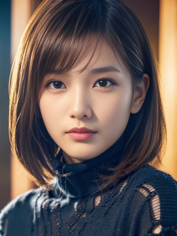(award winning, 8k, super detailed, high resolution, best quality, photography, perfect anatomy), 1girl, solo, 20 years old girl, beautiful girl, beautiful eyes, detailed eyes, (black eye), Wear a navy blue see-through blouse, short hair, black hair, sitting in lounge, POV, [coy smile], ((upper body portrait)), chill atmosphere, (Hand on Chin)